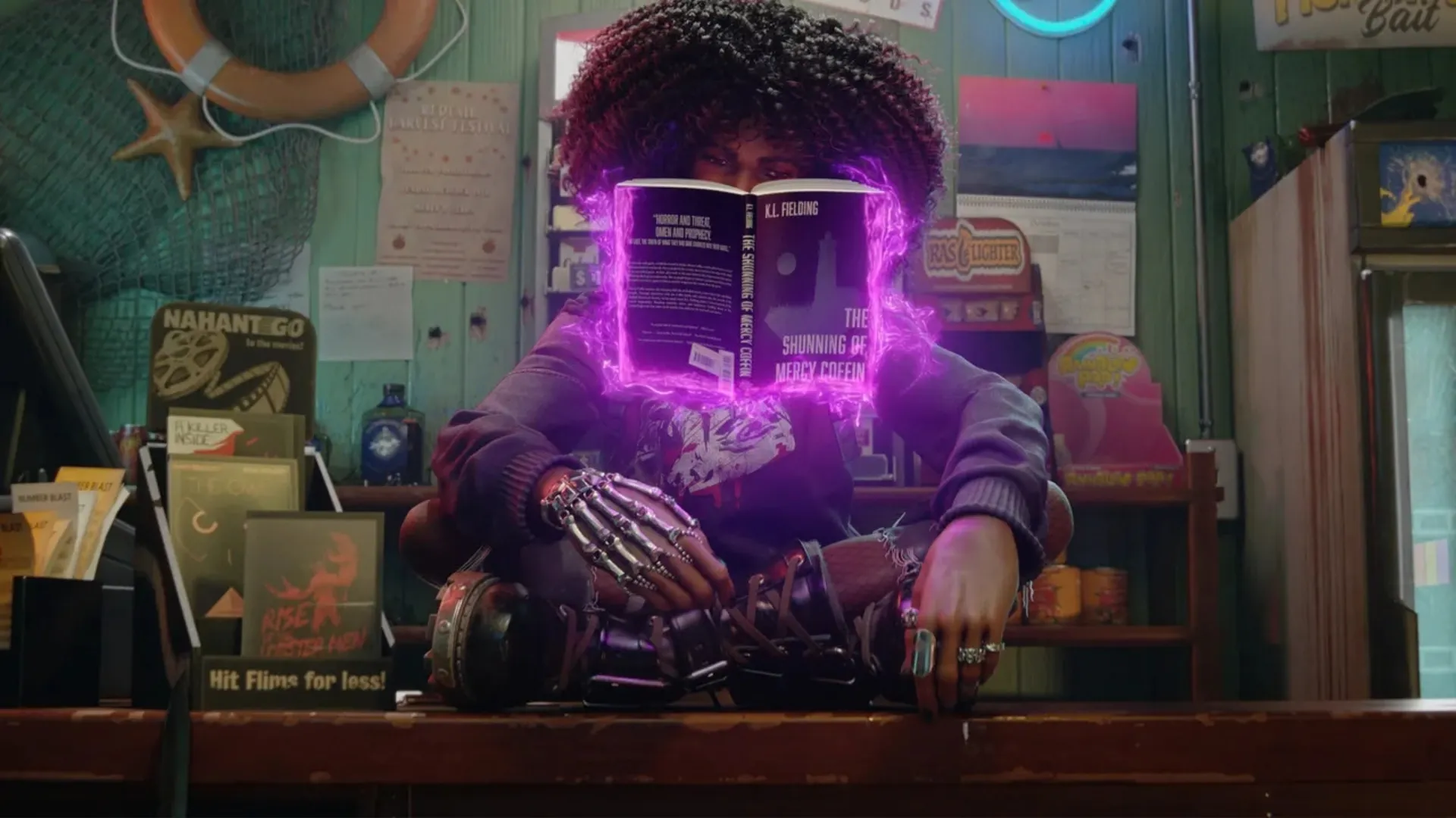Layla Ellison reads a book surrounded by purple psychic energy in Redfall