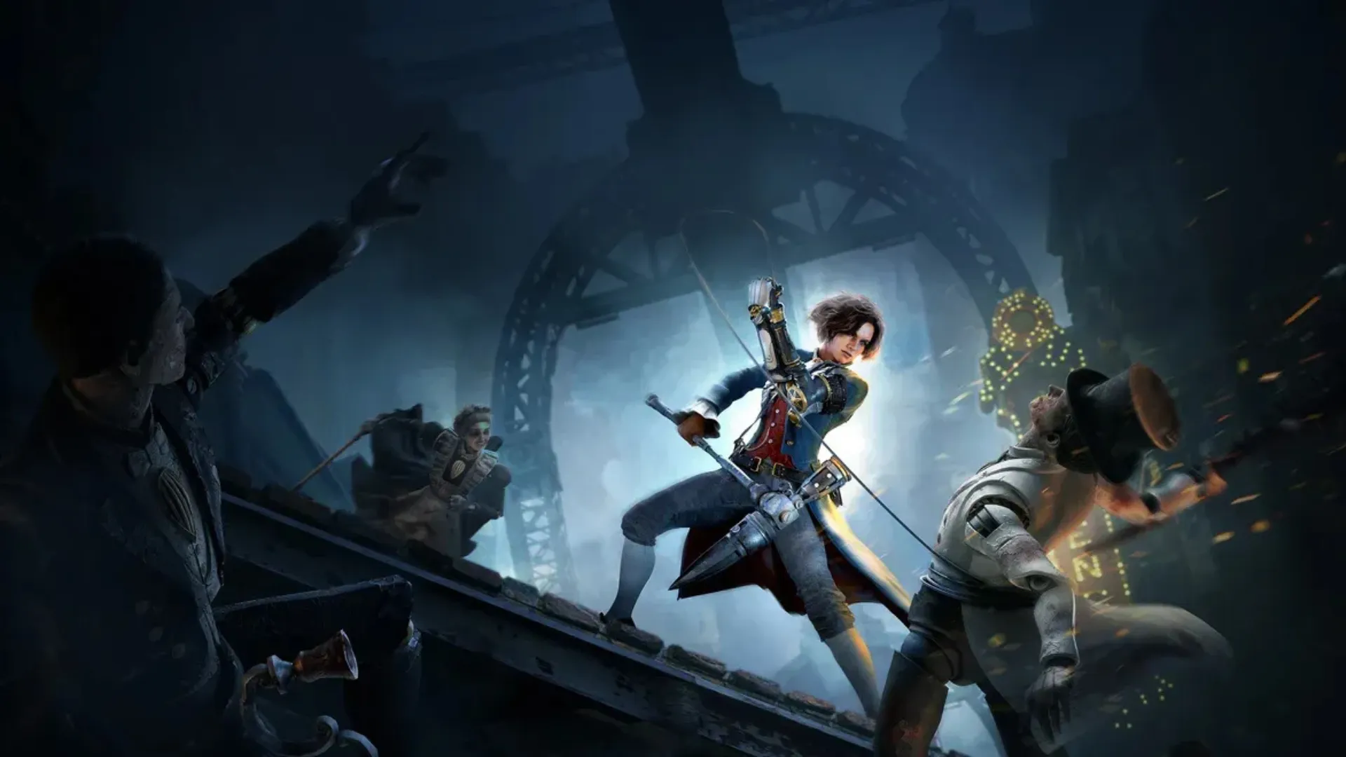 The Lies of P protagonist strikes an enemy with a bladed weapon inside an industrial combat scene.