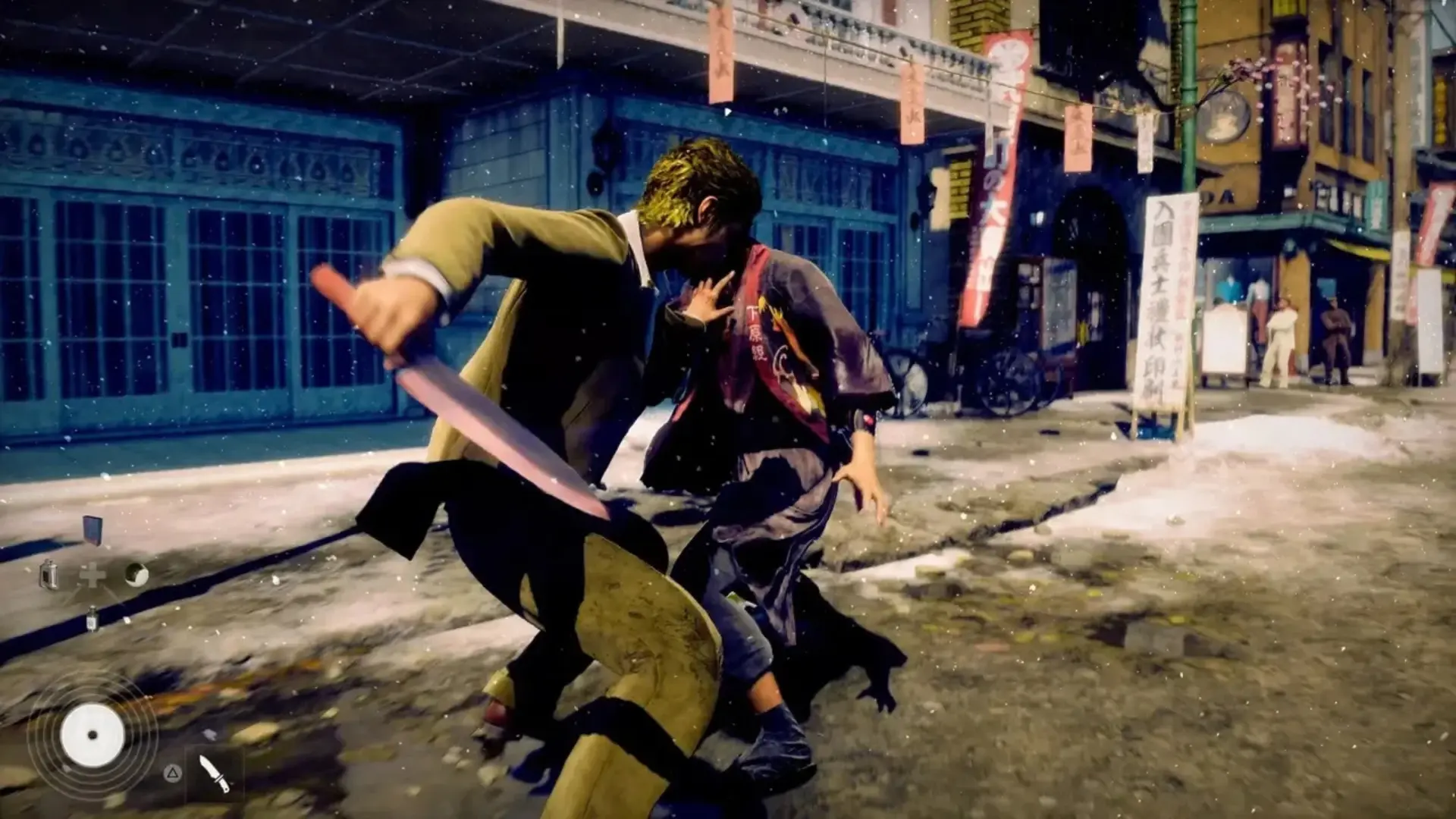 Makoto Daito clashes with an armed opponent on a snowy street in Stranger Than Heaven