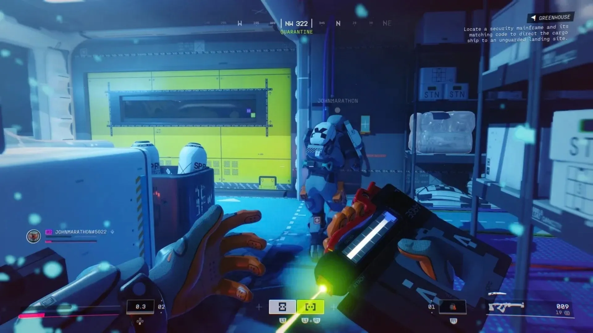Marathon player holds a weapon beside a teammate inside a blue-lit facility