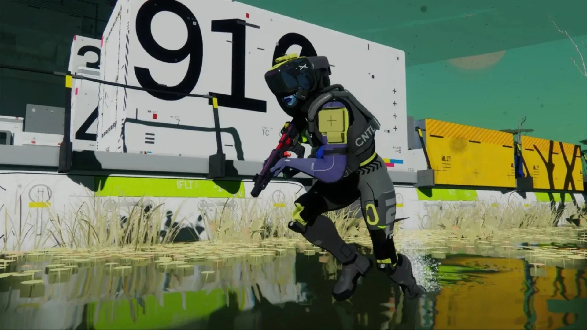 A Marathon Runner carries a rifle through shallow water beside large numbered structures