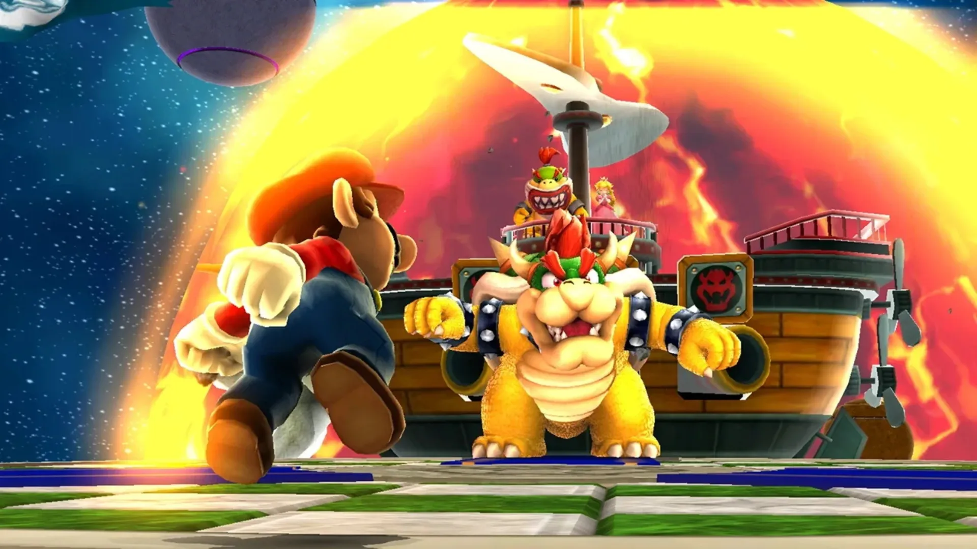 Mario facing Bowser during a 3D Super Mario adventure