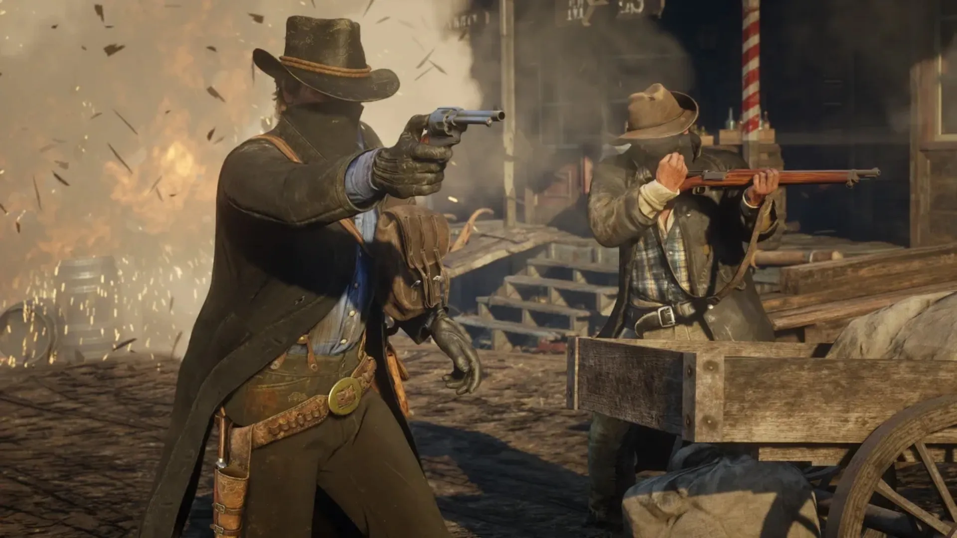 Two masked outlaws fire a revolver and rifle during a town shootout in Red Dead Redemption 2.