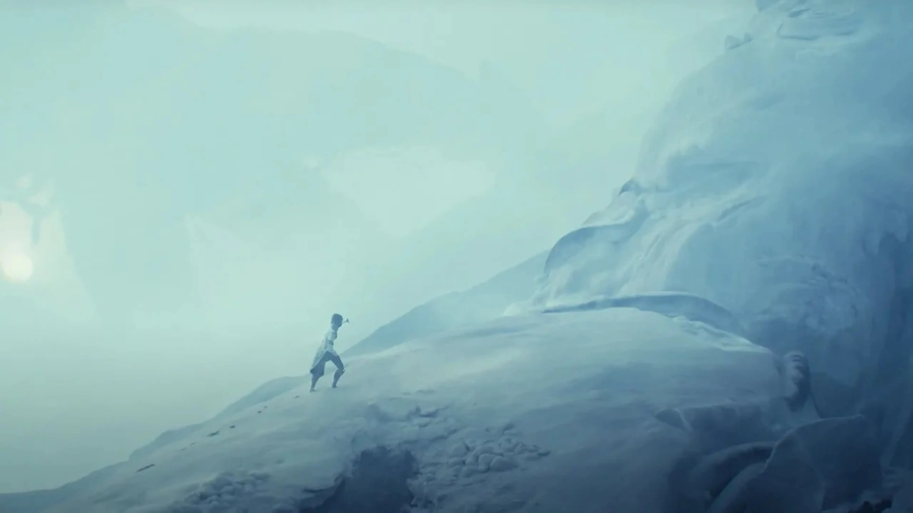 Lone character runs across a snowy mountainside in Mass Effect: Universe footage