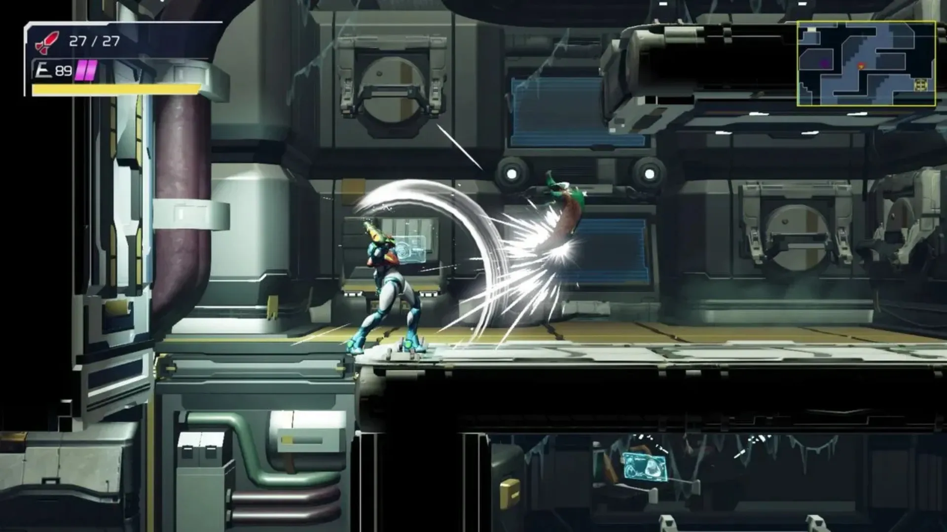Samus fighting an enemy in a Metroid Dread corridor