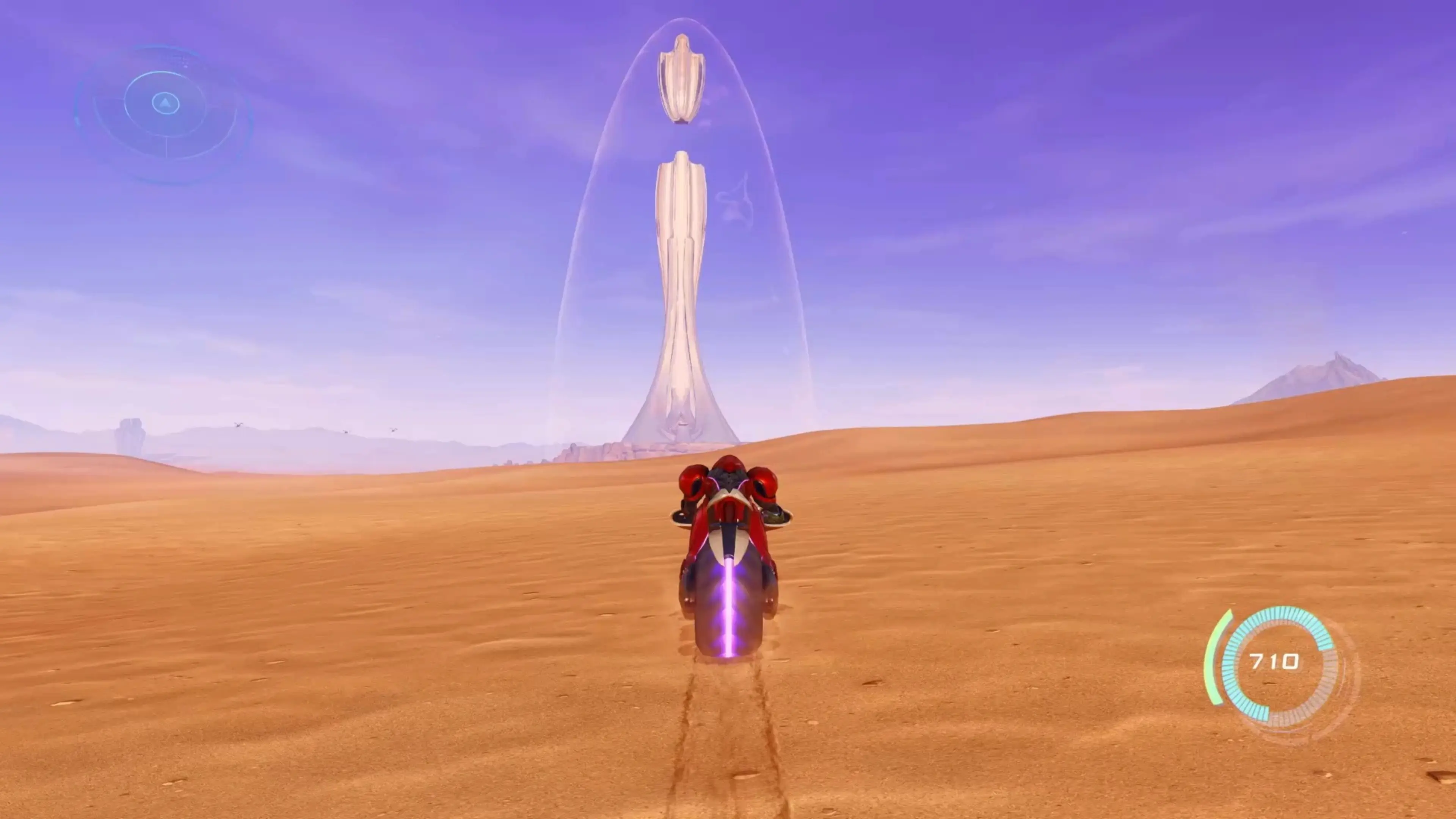 Samus rides the Vi-O-La across Sol Valley toward a towering structure surrounded by a translucent dome.