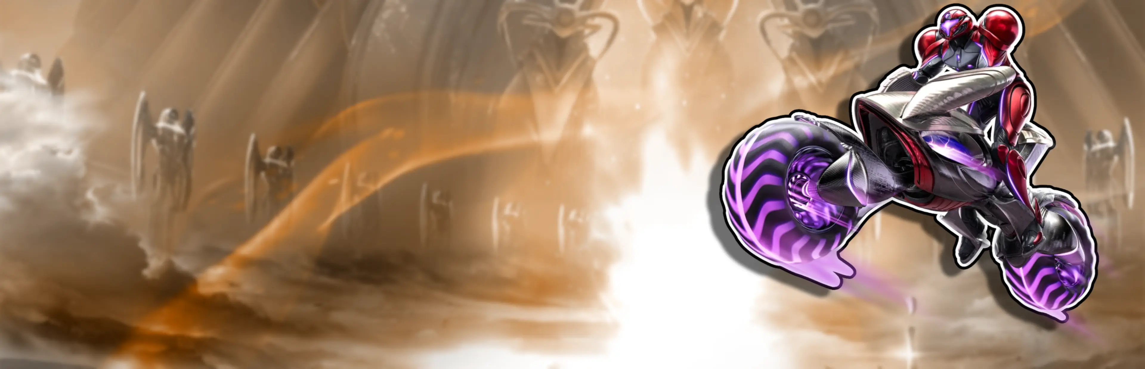 Samus Aran rides the Vi-O-La motorcycle with glowing purple wheels against a sandy backdrop in Metroid Prime 4: Beyond.
