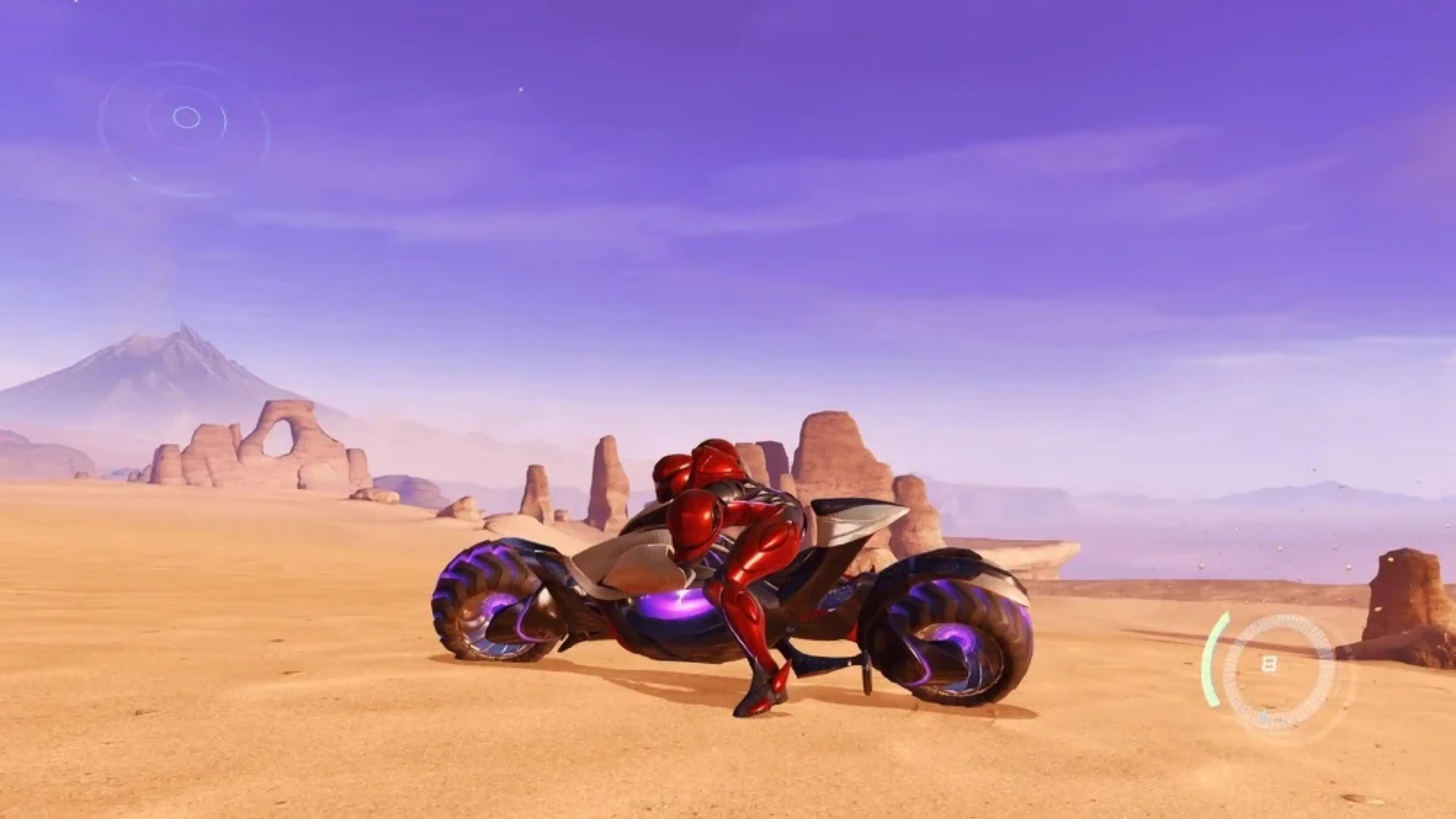 Samus sits on the Vi-O-La motorcycle in Sol Valley, surrounded by sandstone formations beneath a purple sky.