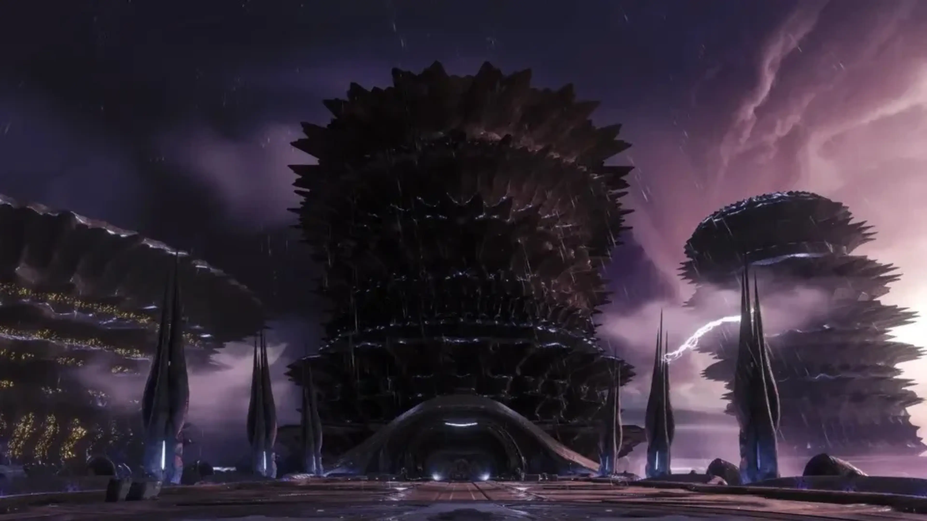 Dark futuristic towers with jagged rooftops rise beneath a stormy purple sky in Metroid Prime 4: Beyond.