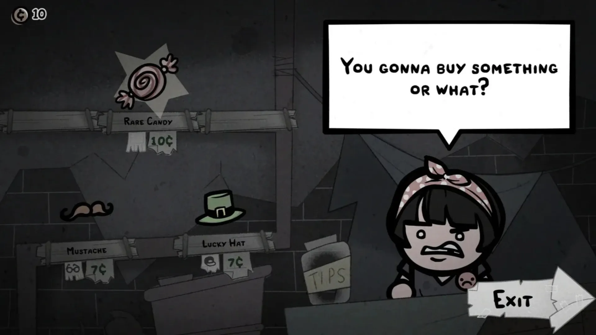 A shopkeeper offers items including Rare Candy and a Lucky Hat in Mewgenics