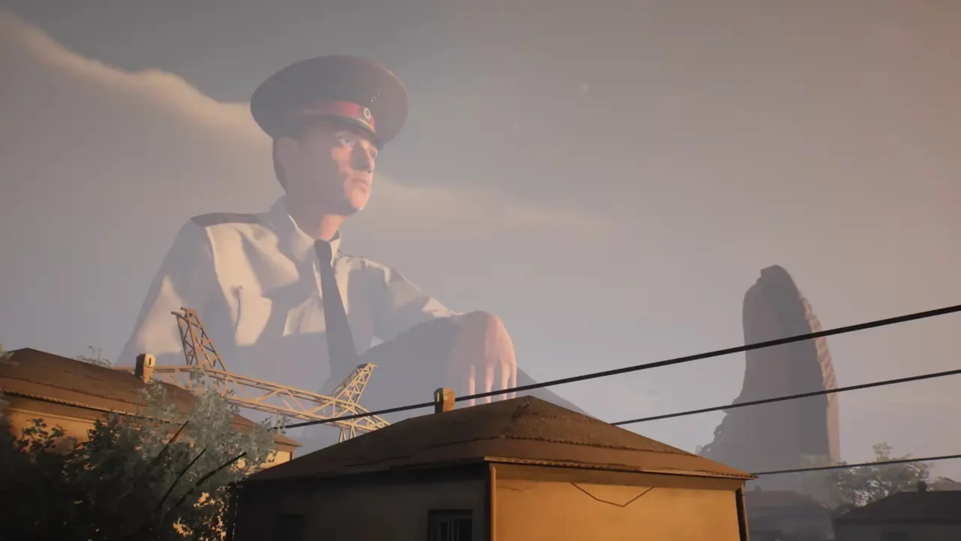 The Colossal Policeman towers above rooftops and power lines in a Militsioner gameplay scene.