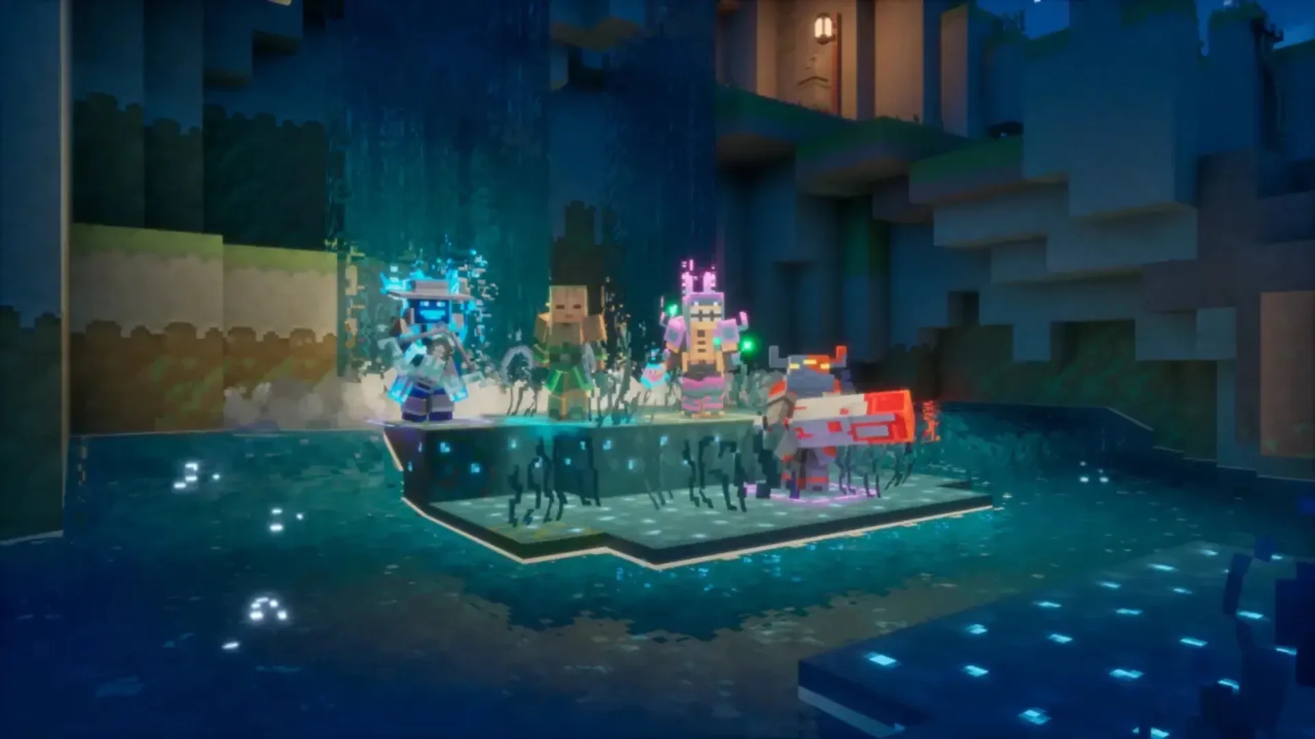 Minecraft Dungeons II heroes stand on a platform surrounded by water during a nighttime scene.