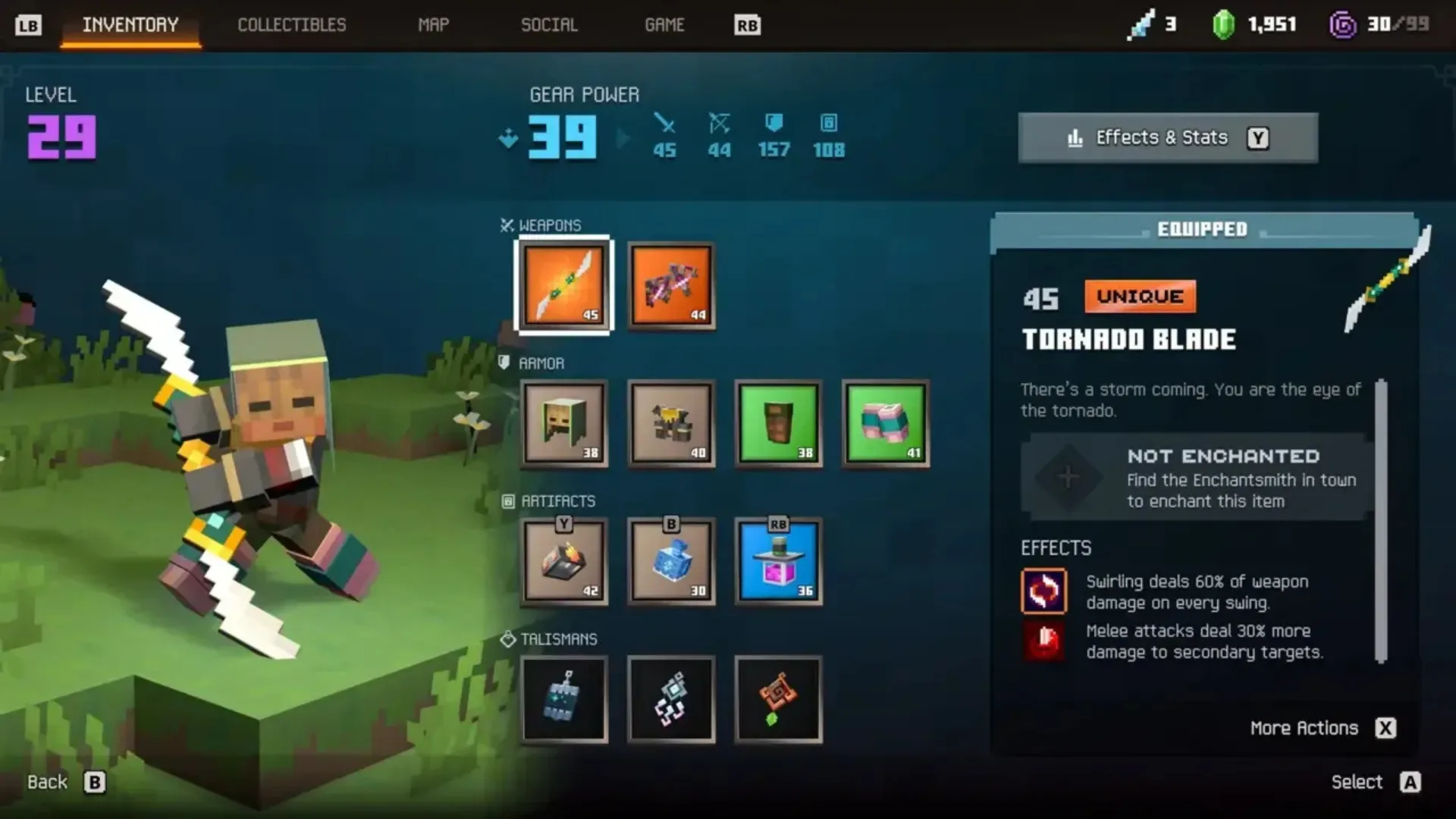 Minecraft Dungeons II inventory shows the equipped Tornado Blade alongside armor, artifacts and talismans.