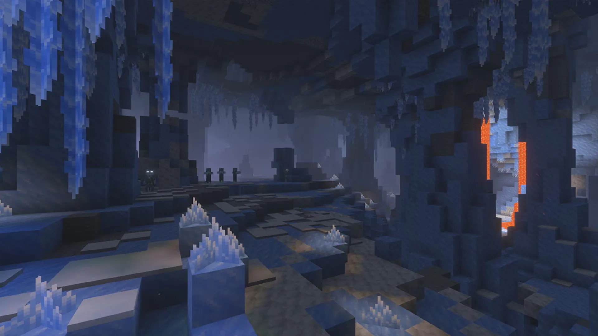 A vast Minecraft cave filled with blue ice formations and lava flowing through the rock