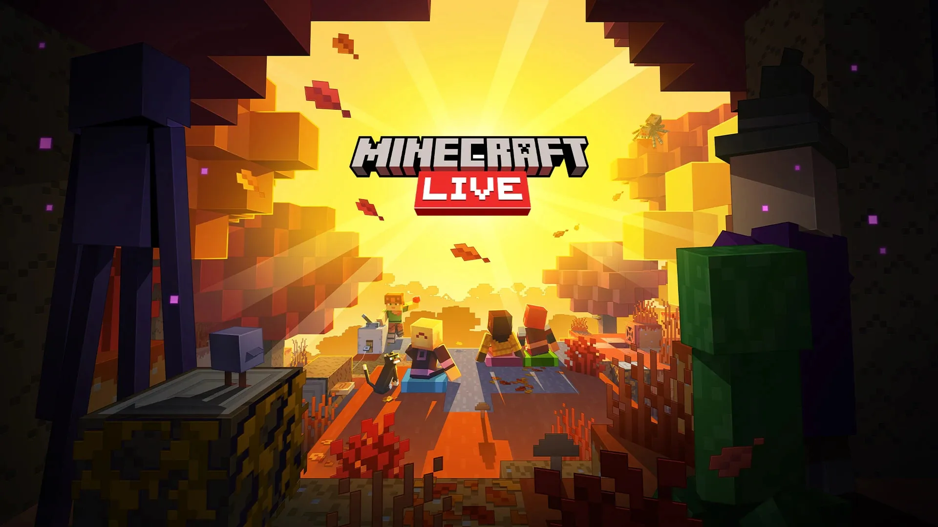 Minecraft Live logo appears above characters running through a bright blocky landscape