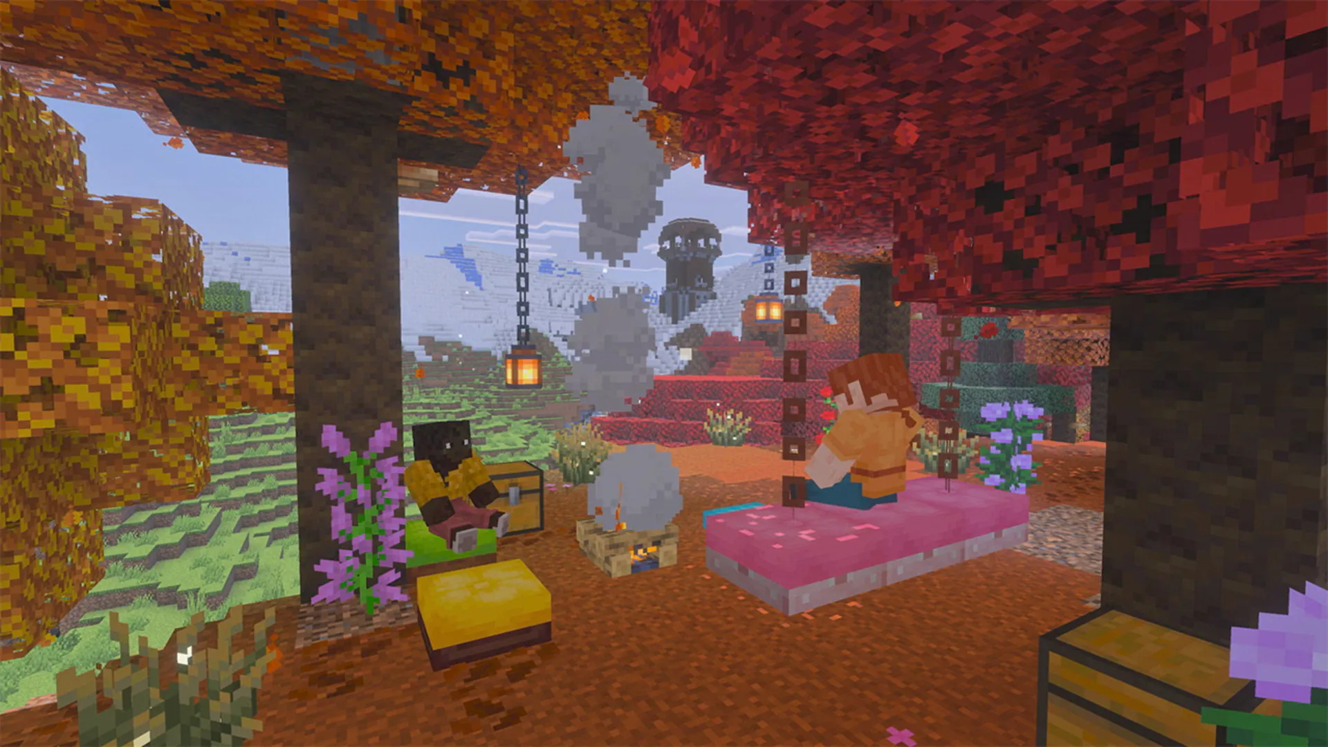 Two Minecraft players rest around a campfire beneath red and orange trees