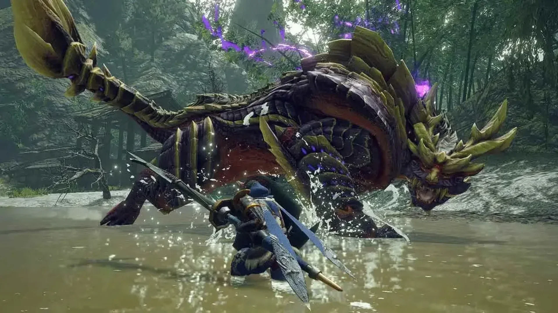 A hunter battles a huge monster in shallow water in Monster Hunter Rise.