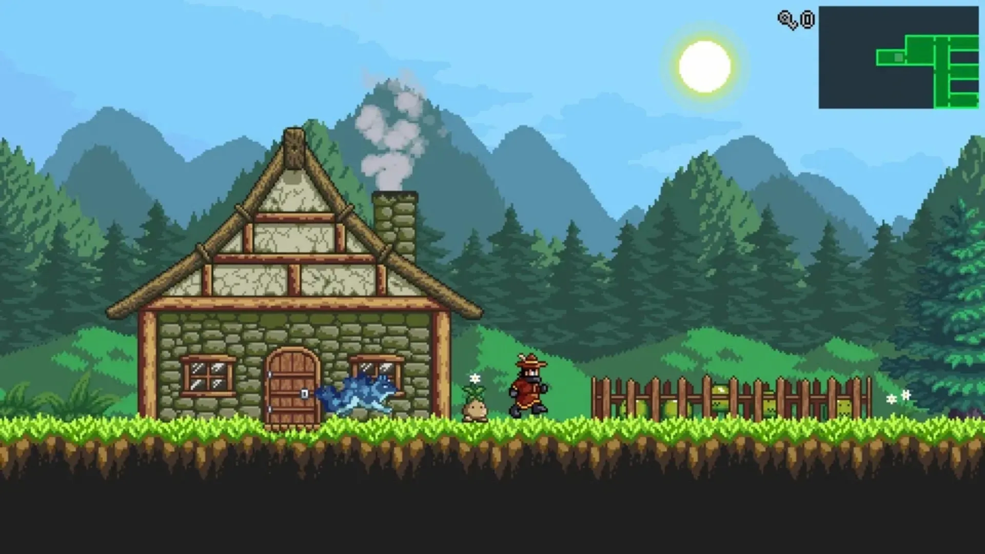 Player character and monster explore beside a house in Monster Sanctuary