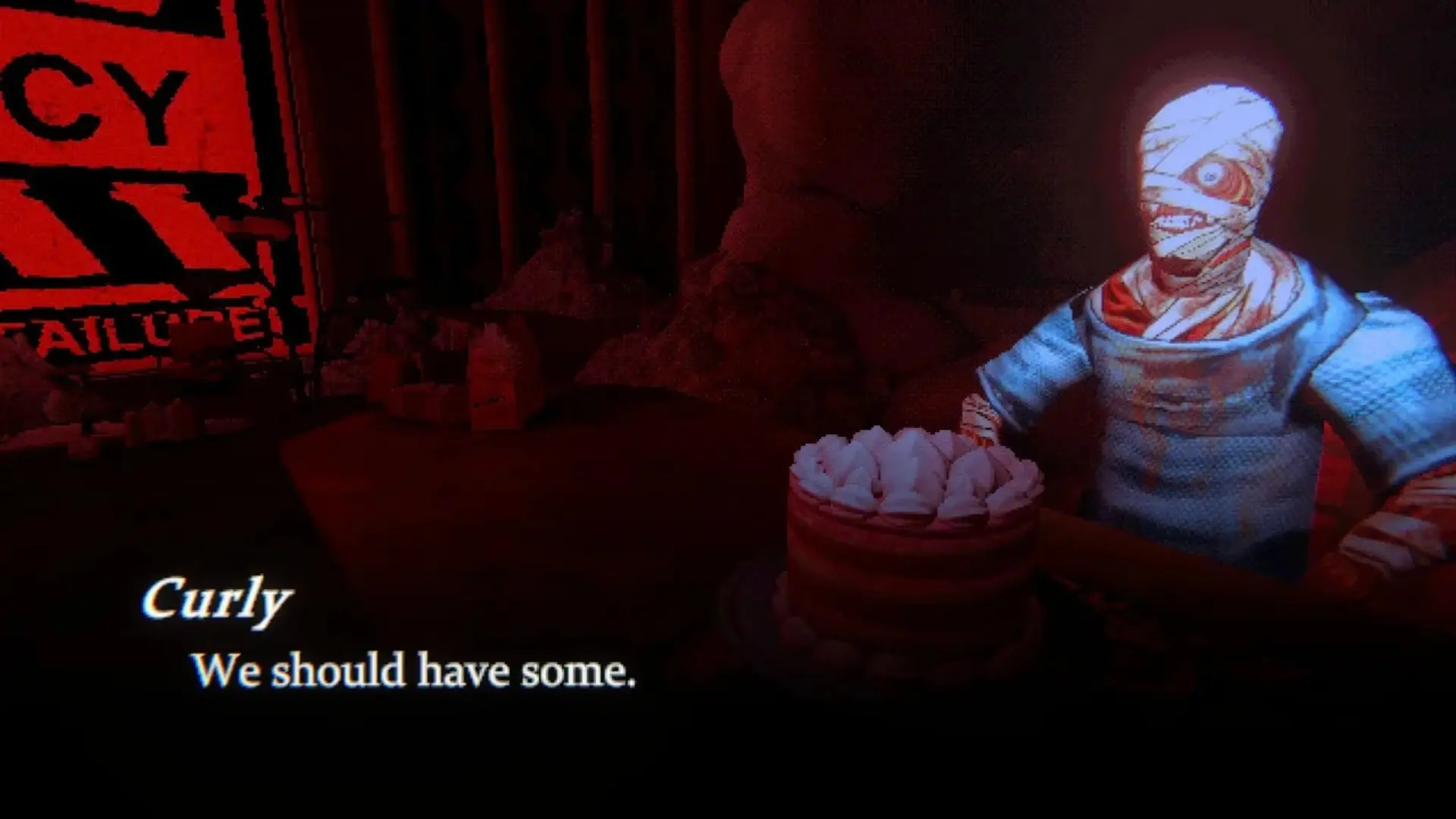 Curly sits beside a cake in a dark scene from the psychological horror game Mouthwashing.