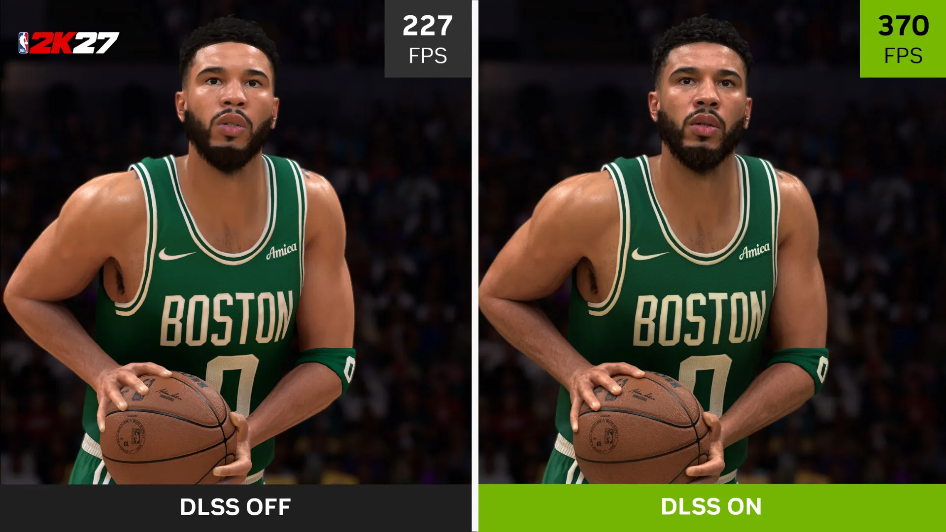 NBA 2K27 DLSS off and on comparison showing 227 FPS and 370 FPS