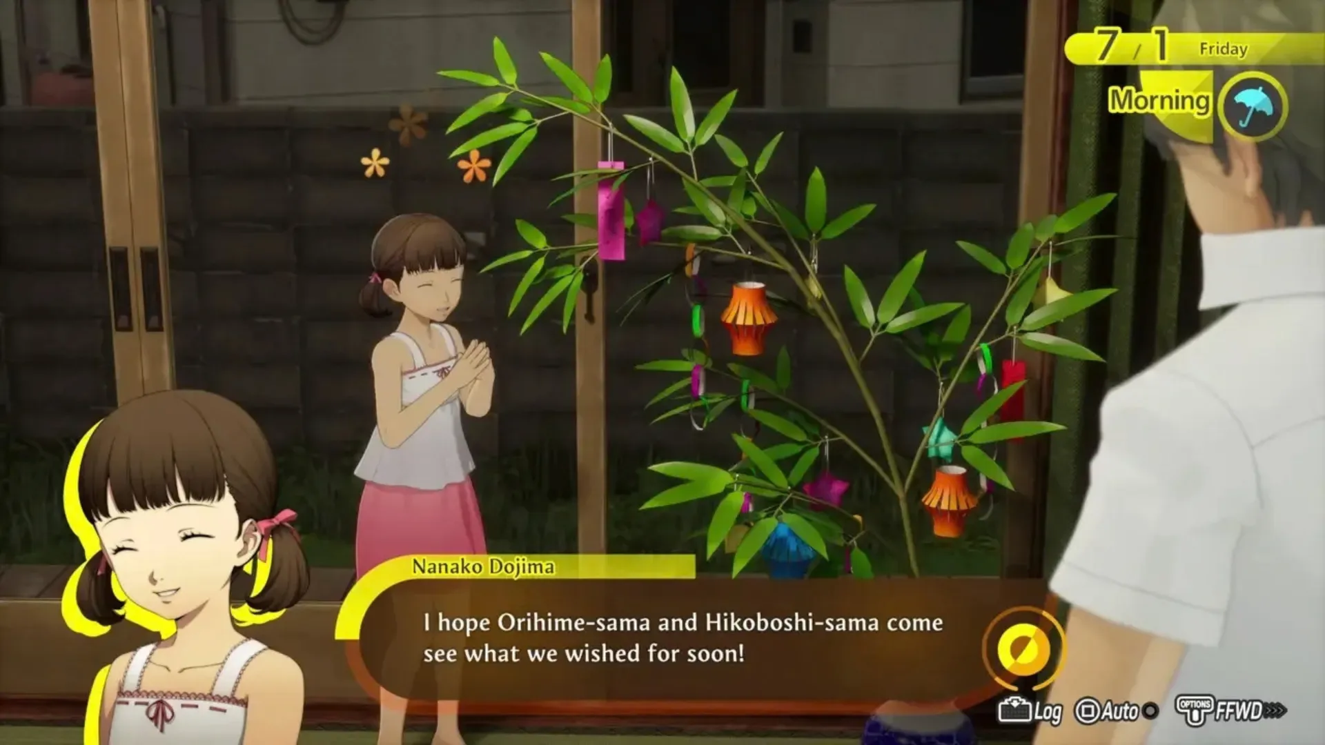 Nanako Dojima makes a wish beside Tanabata decorations in Persona 4 Revival