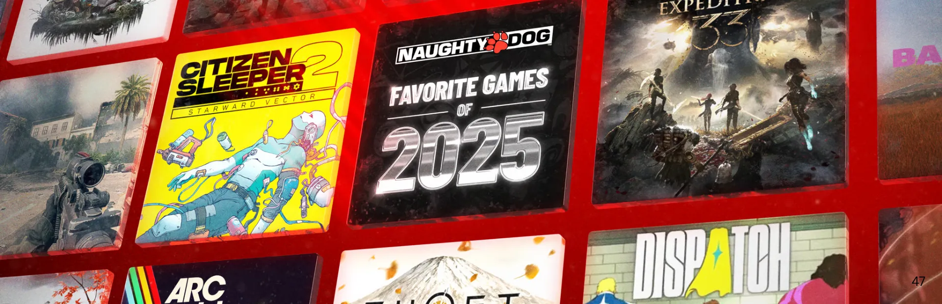A tilted grid of 2025 game covers including Battlefield 6, Silksong, and Ghost of Yotei around a Naughty Dog 2025 tile.
