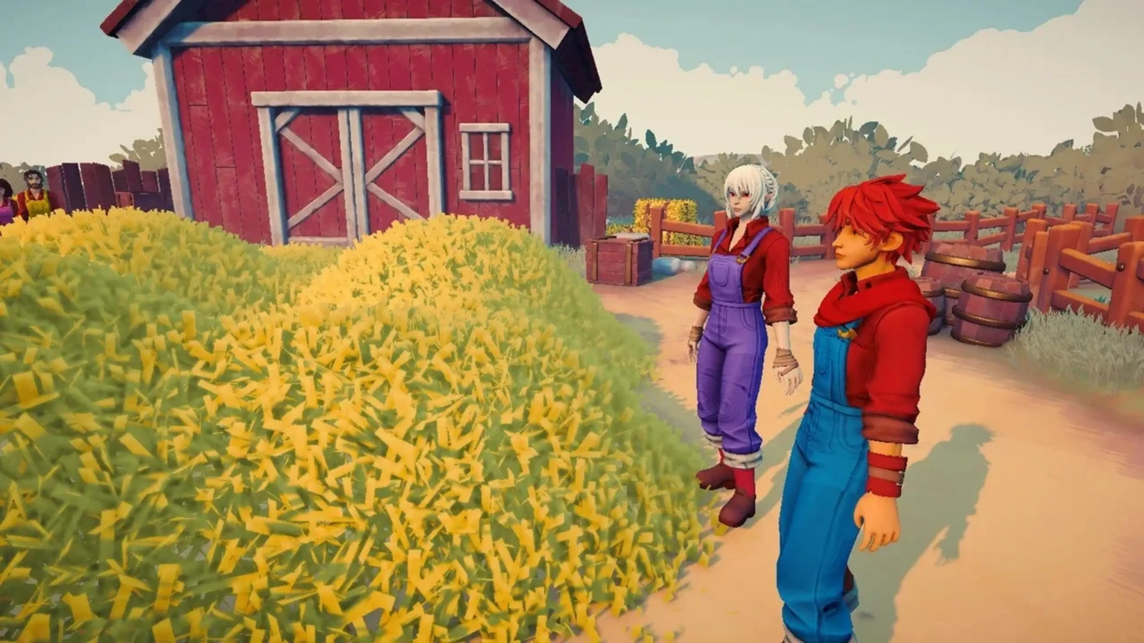 Two characters stand beside a large haystack and red barn in Needle in a Haystack