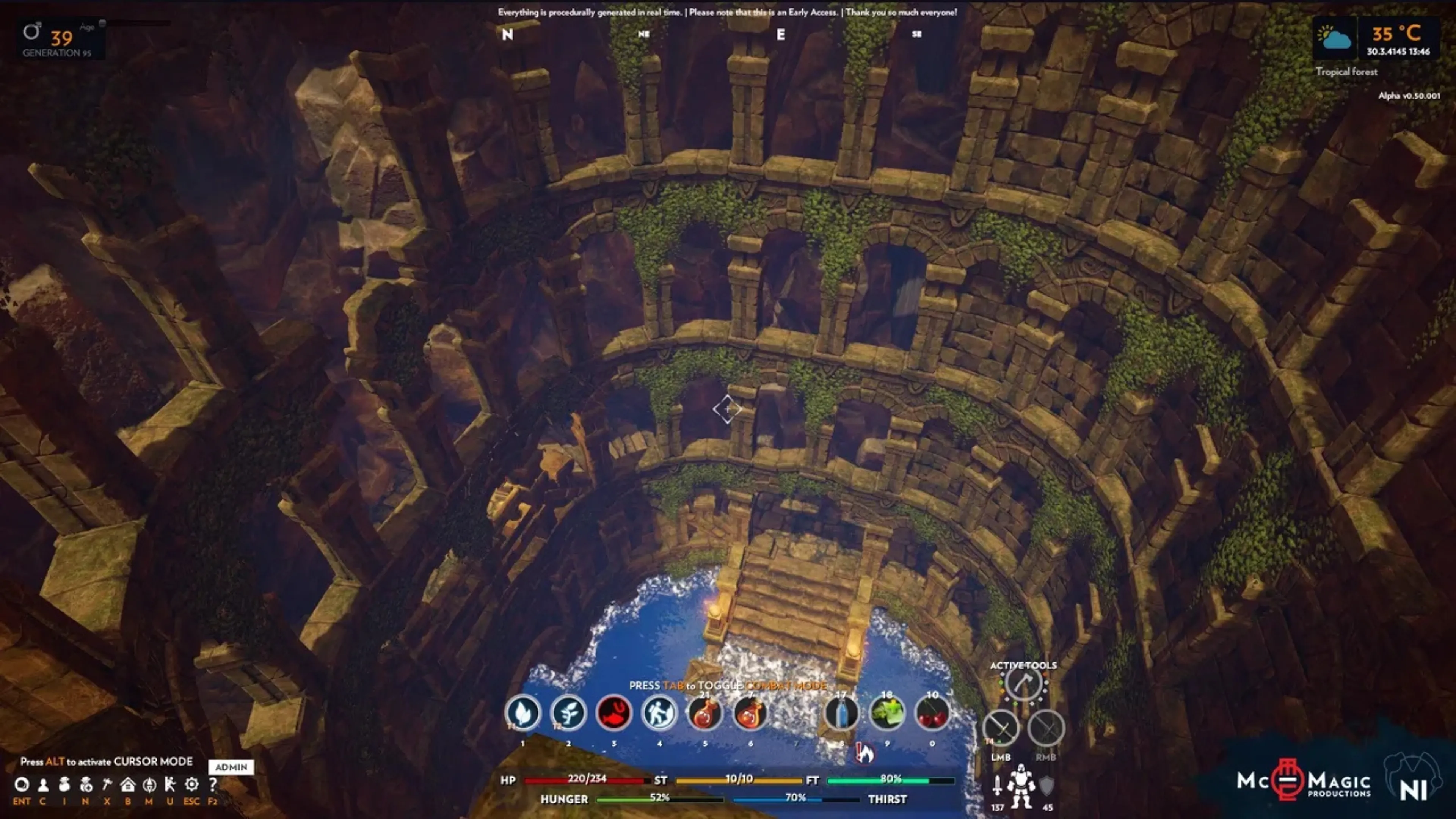 Overgrown stone ruins in Novus Inceptio’s procedural world