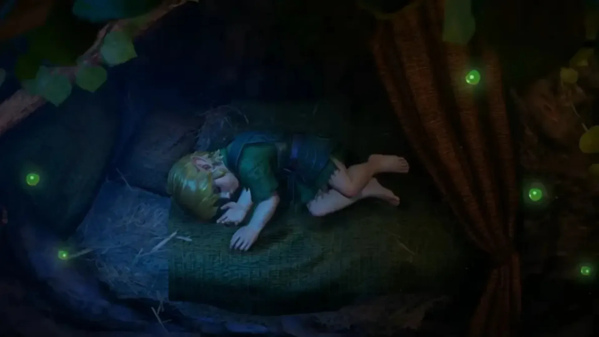 A young character sleeps in a dark forest-like setting surrounded by glowing green lights.