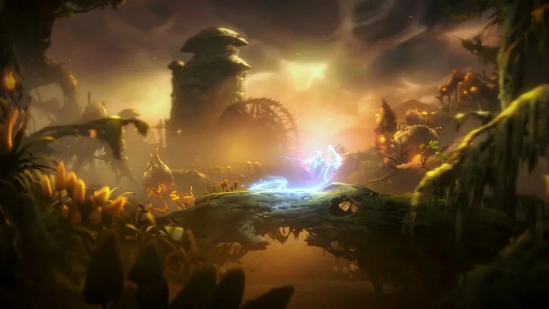 Ori moves through a glowing fantasy landscape in Ori and the Will of the Wisps.