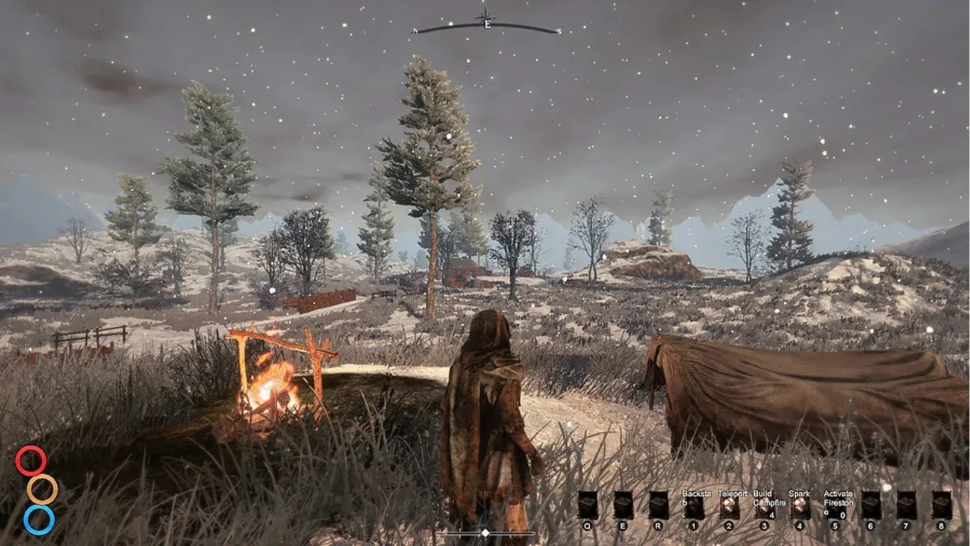 An adventurer stands beside a campfire in a snowy wilderness in Outward Definitive Edition.