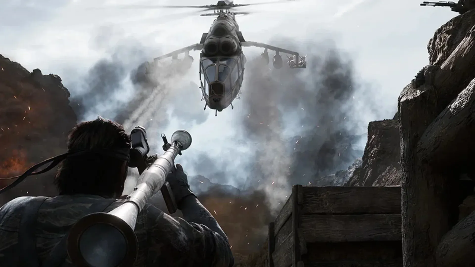 An armed PHYSINT character aims a rocket launcher at a helicopter flying through smoke