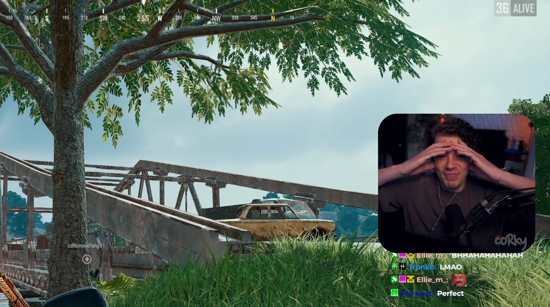 PUBG gameplay near a bridge with a streamer reacting in a facecam overlay while 36 players remain alive.