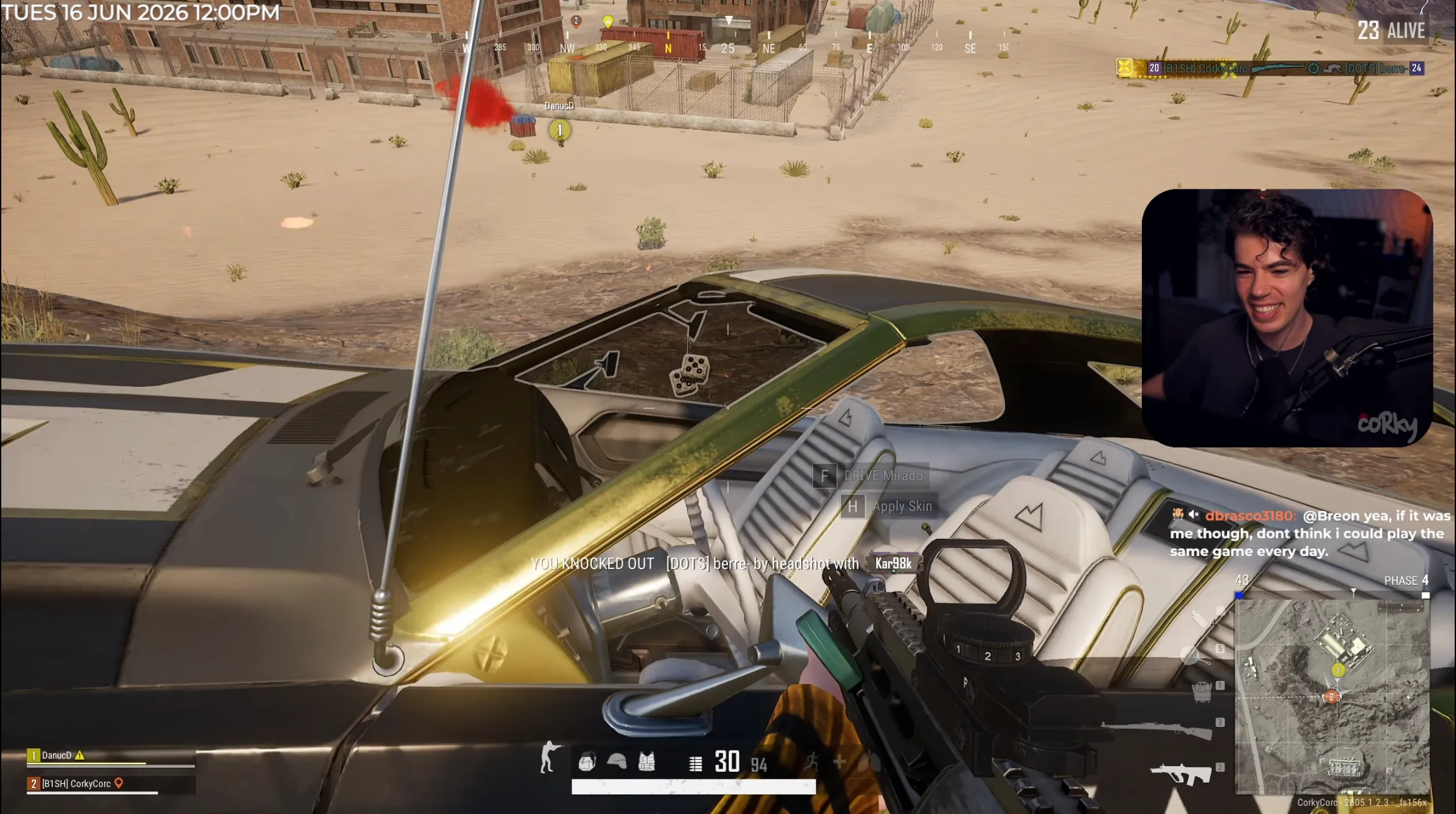 PUBG gameplay from inside a Mirado with a streamer facecam overlay during a desert firefight.