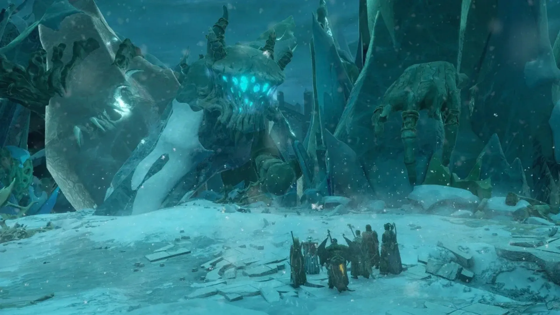Adventuring party confronts a huge icy creature in Pathfinder: Wrath of the Righteous