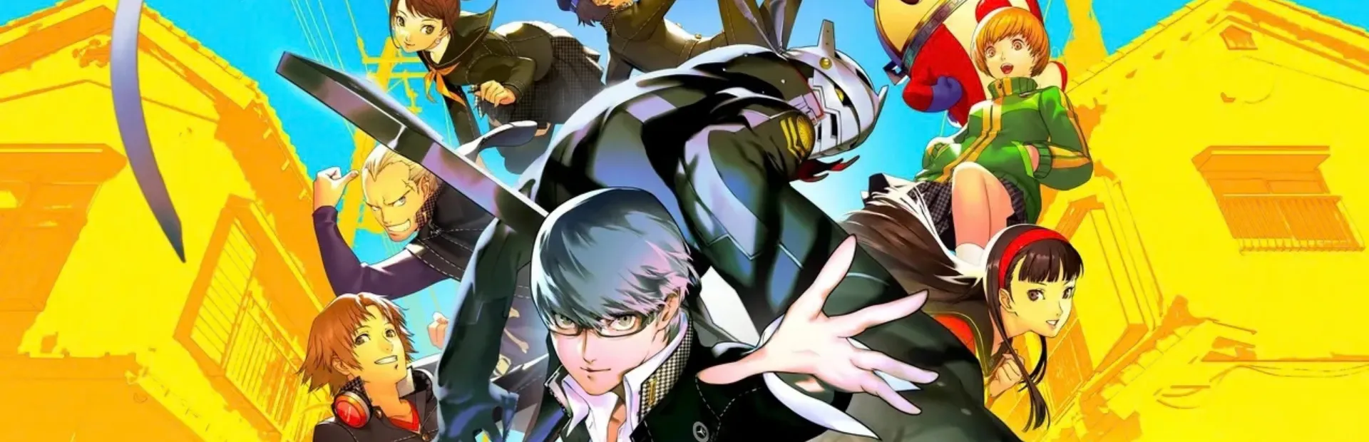 The Persona 4 protagonist and Investigation Team characters pose against a yellow and blue background
