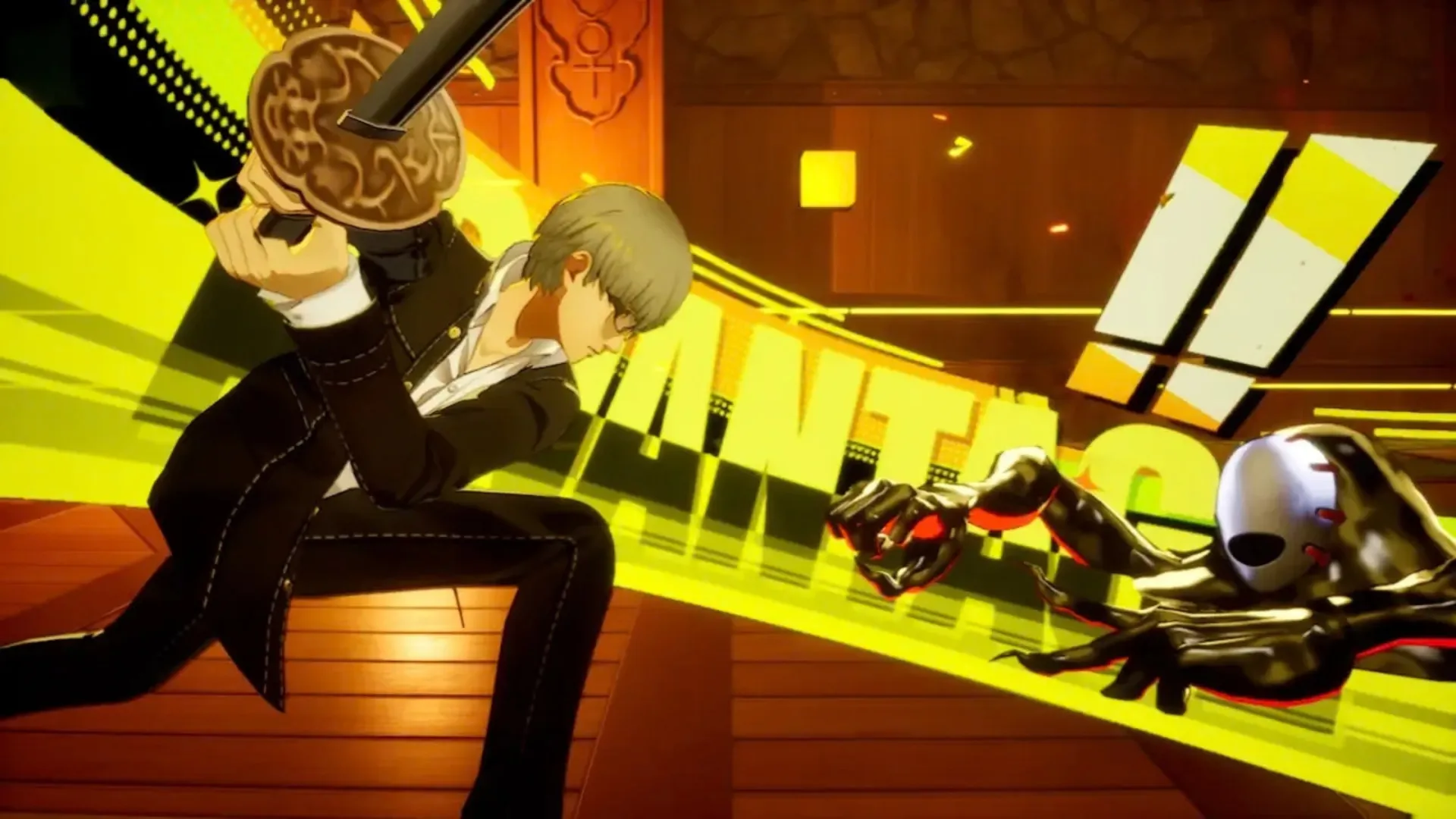 The Persona 4 Revival protagonist swings a sword at a Shadow during combat