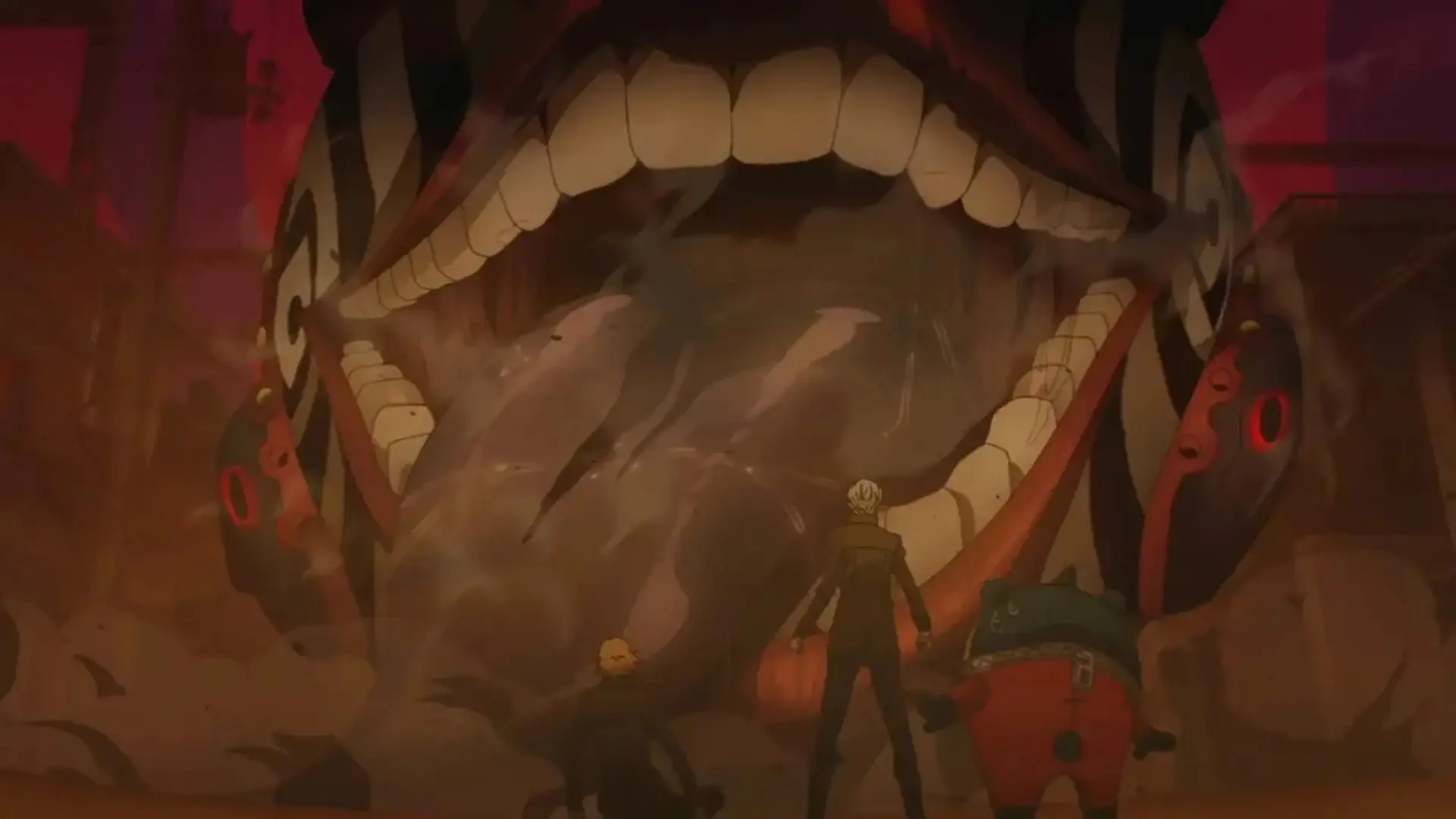 Three party members face a giant open-mouthed enemy in a smoky red arena in Persona 4 Revival