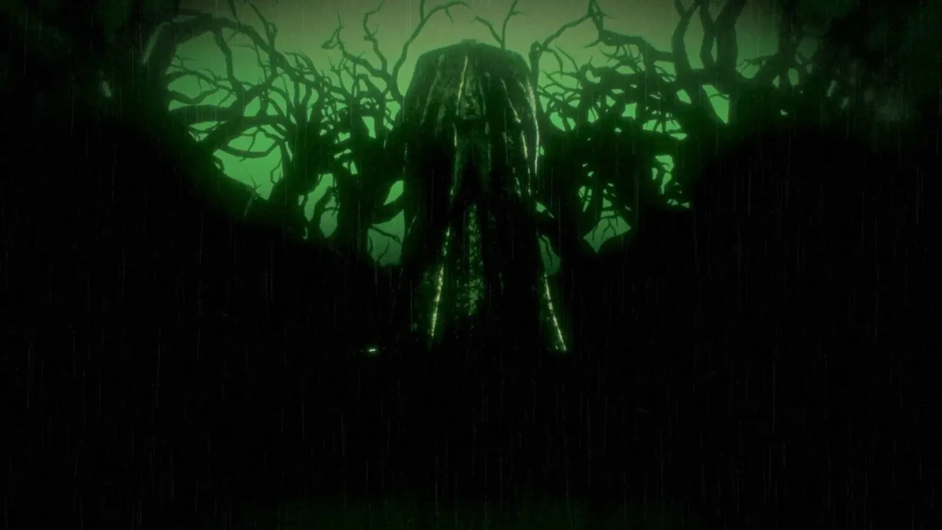 A dark figure stands beneath twisted branches and green light in a rainy Persona 6 teaser scene.
