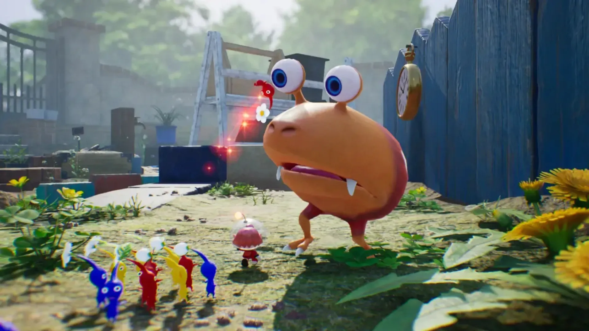 Pikmin approaching a large creature in Pikmin 4