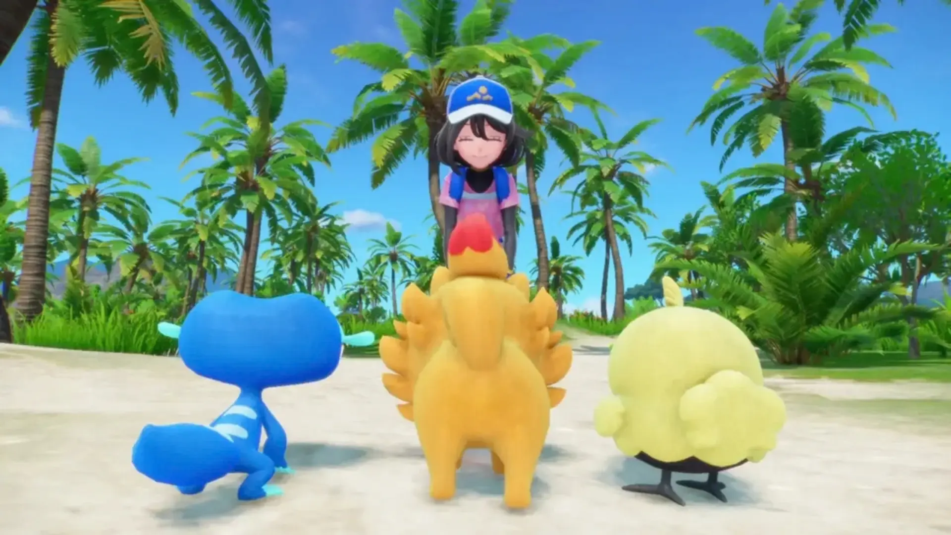 A trainer stands before the three starter Pokémon on a tropical beach in Pokémon Winds and Pokémon Waves
