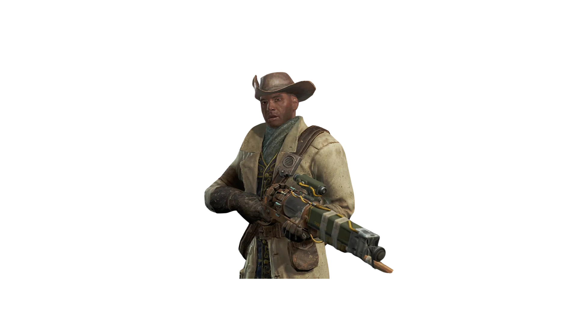 Preston Garvey in a cowboy hat and long tan duster coat holding a laser musket on a white background.