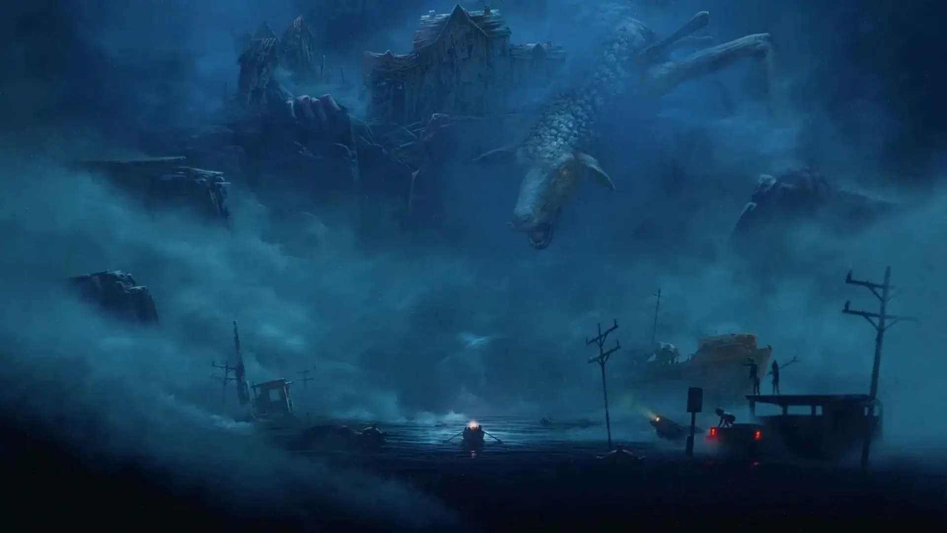 A huge distorted creature emerges above a flooded landscape in the horror adventure Reanimal.