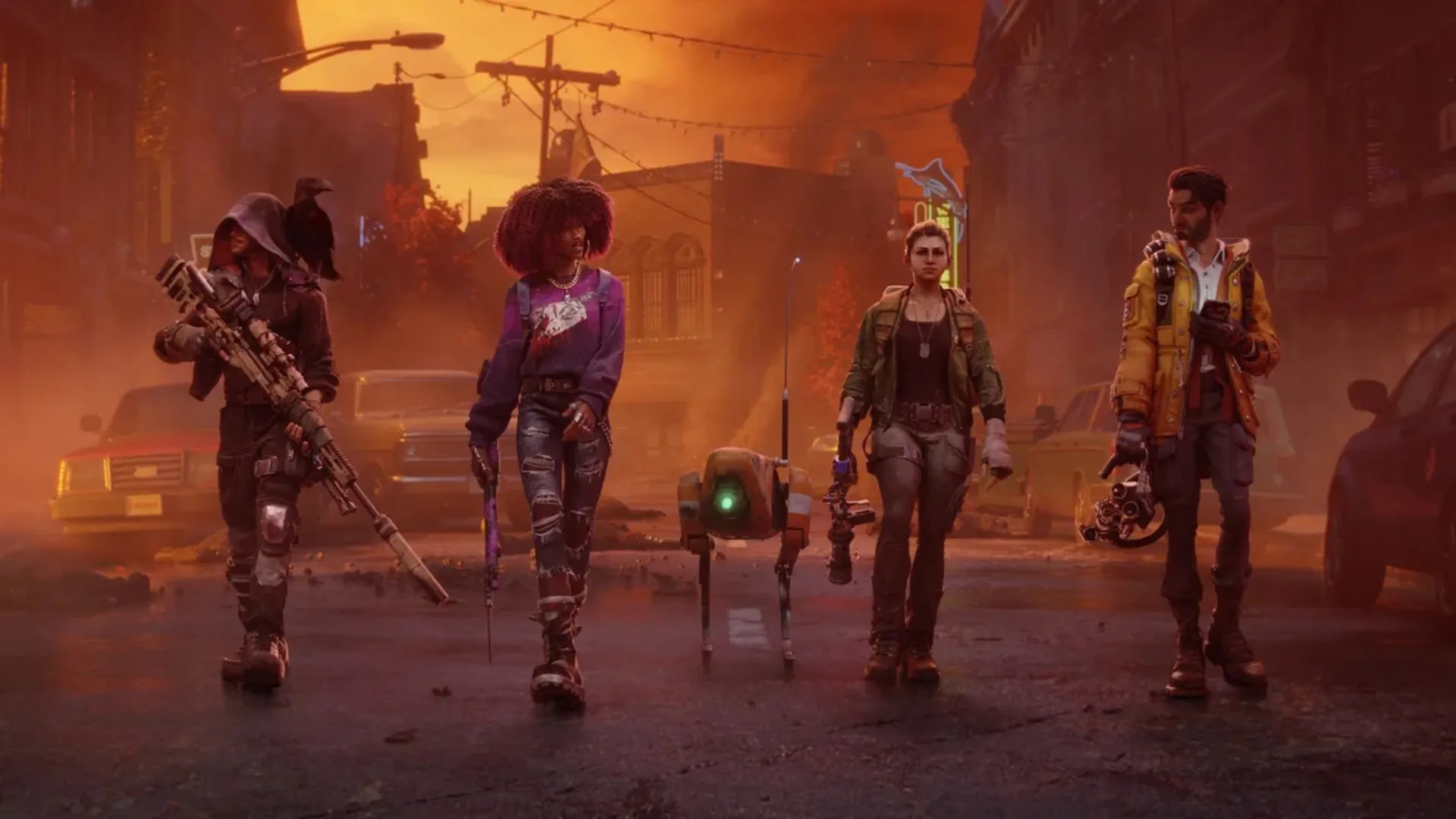Four playable Redfall heroes walk through the town with Bribón