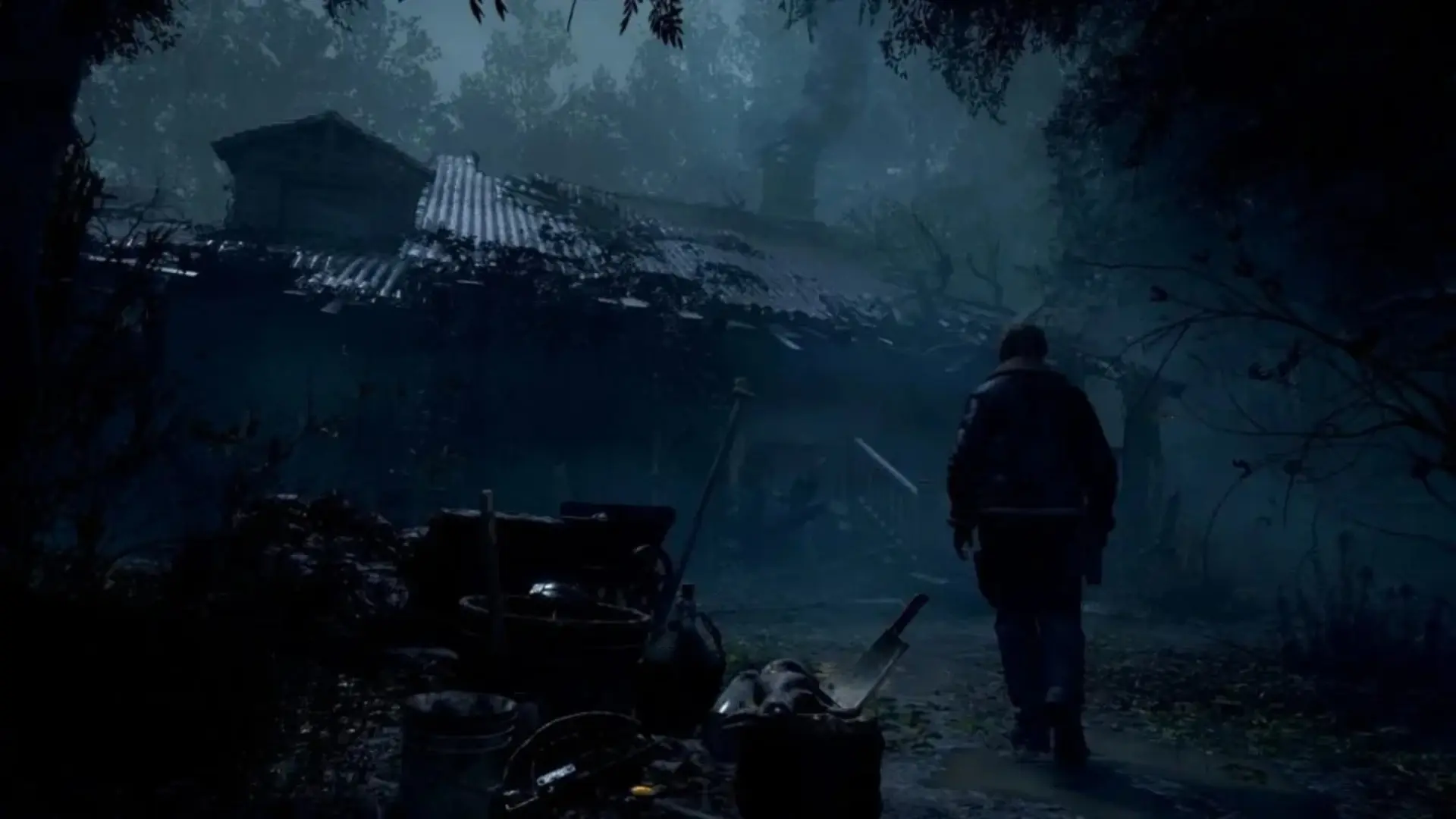 Resident Evil character approaches a dark house at night