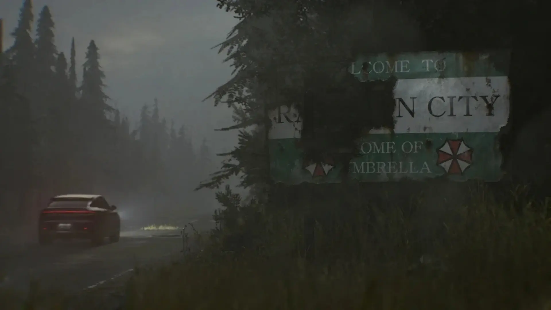 A car drives past a damaged Raccoon City sign bearing the Umbrella logo in Resident Evil Requiem.