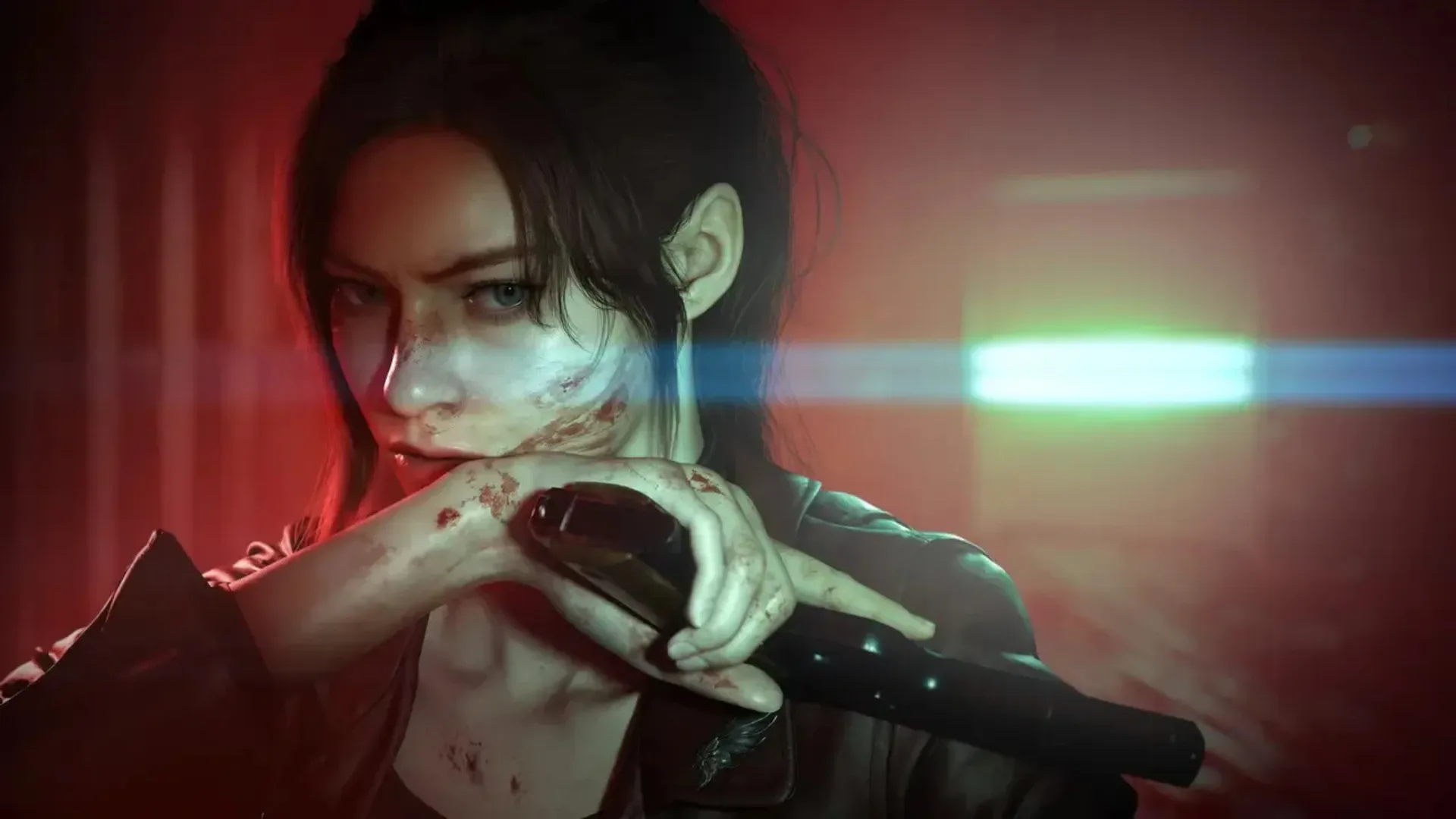 A bloodied woman holds a handgun near her face in a red-lit Resident Evil Veronica scene.