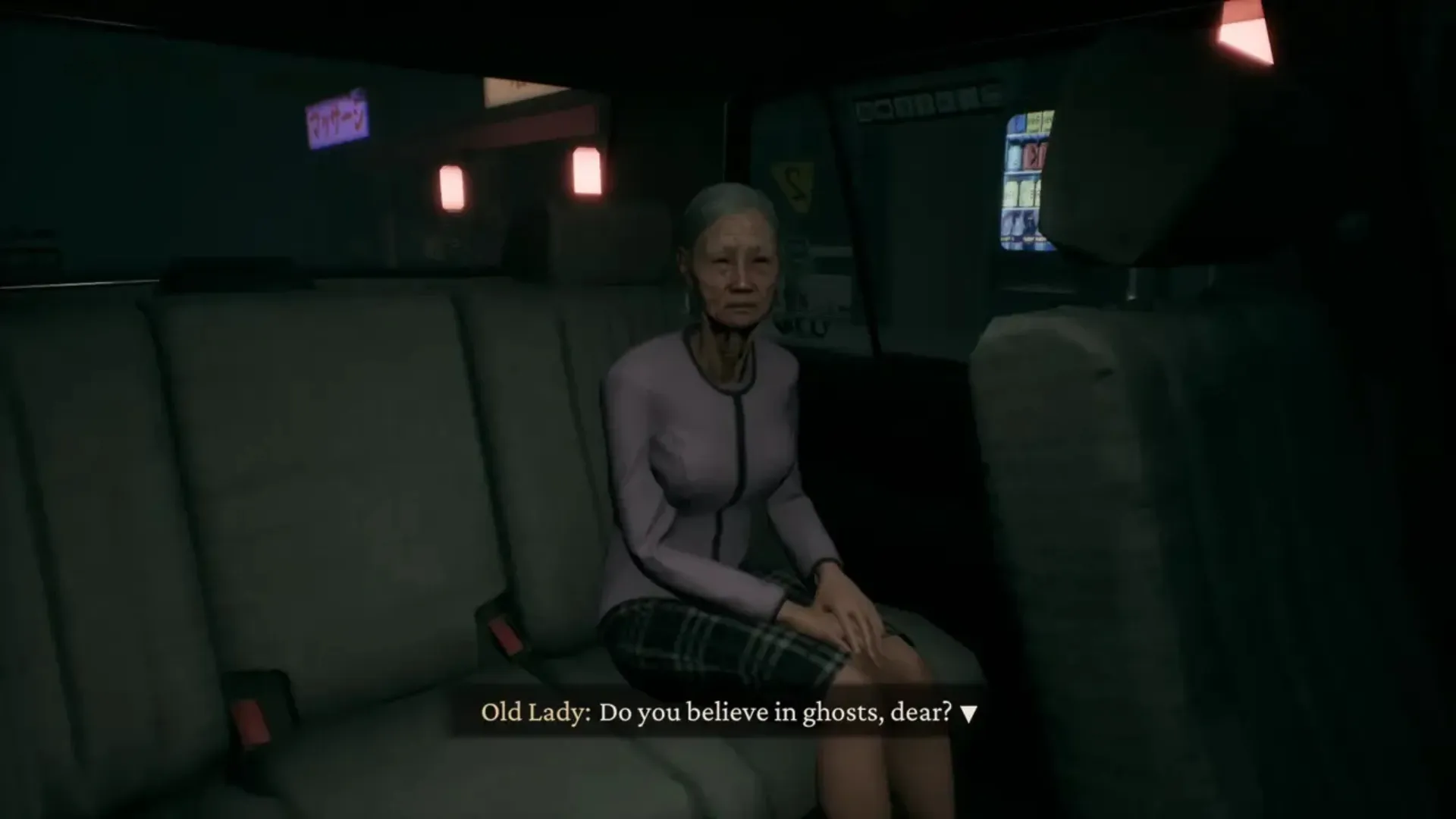 Elderly passenger asks about ghosts during a nighttime taxi ride in Road to Jukai