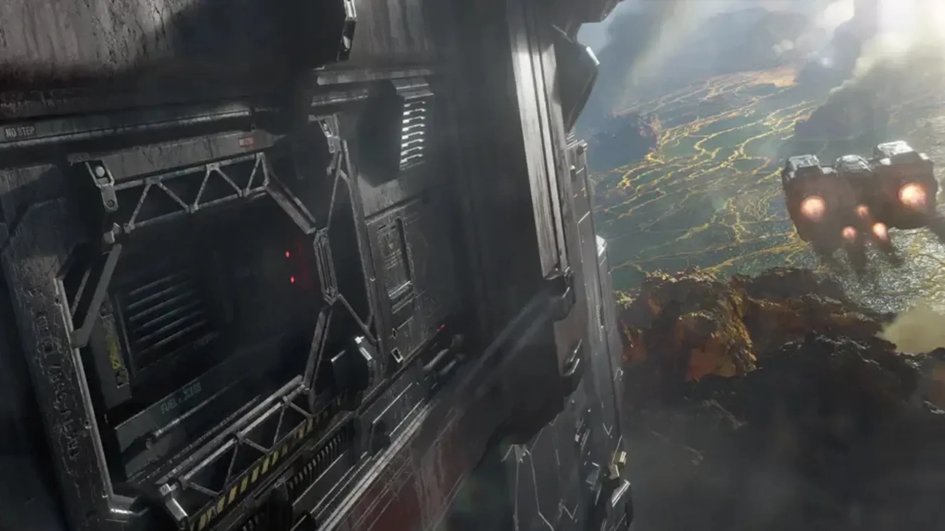Industrial STARCRAFT structure overlooking rocky terrain as a spacecraft flies nearby