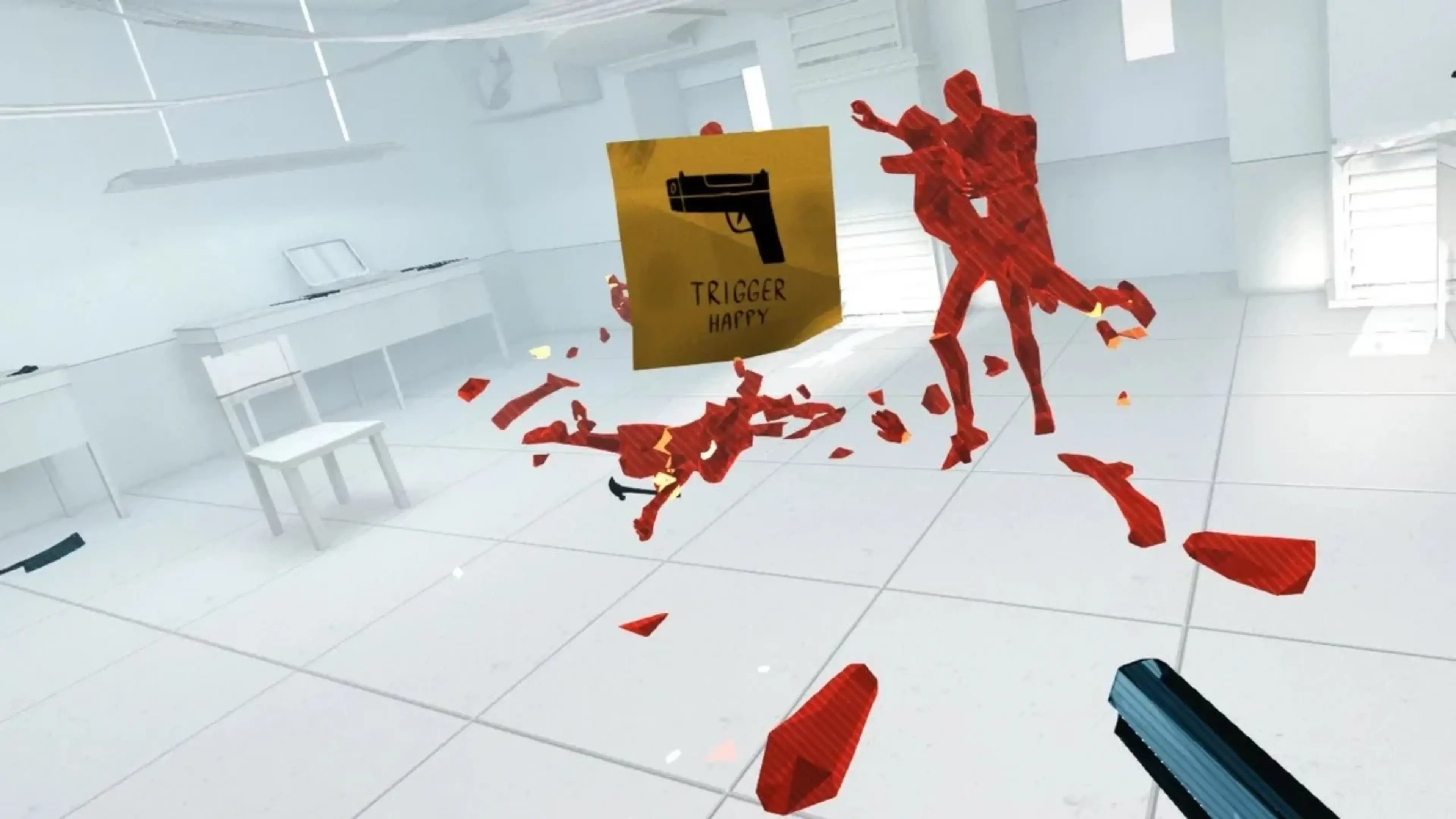 Red enemies shatter during a gunfight in SUPERHOT VR